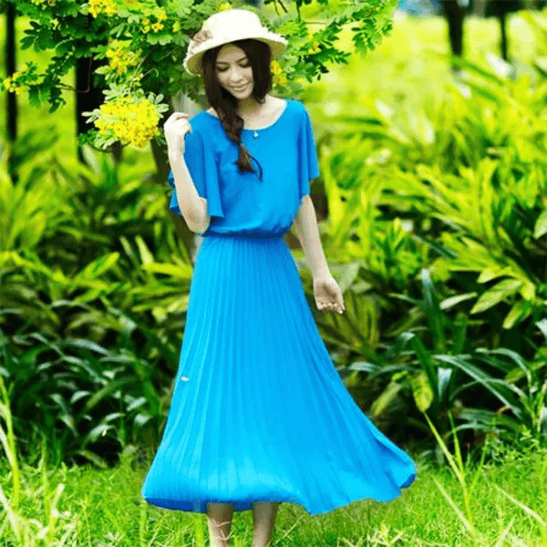 Beautiful summer dress with gentle blue tones, beautiful, outstanding and stylish office clothes